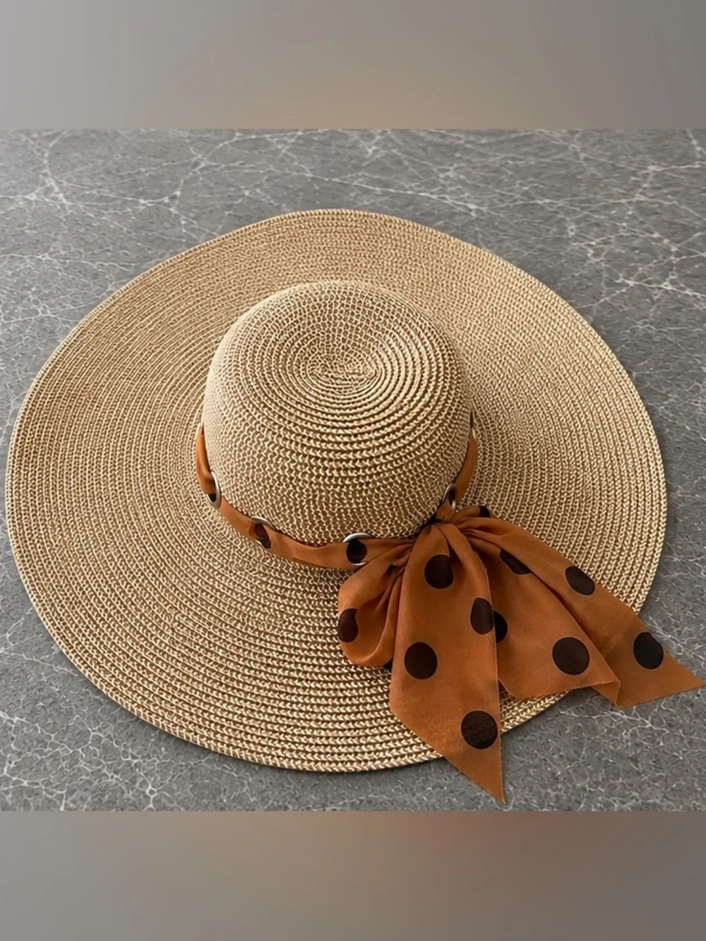 Wide-Brim Straw Sun Hat with Polka Dot Scarf - Tan